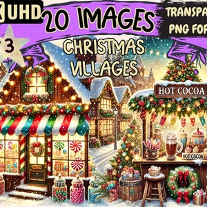 Christmas Villages (P3) Clipart - 20 PNG Festive Town Illustrations, Holiday Art, Instant Digital Download, Unlimited Commercial Use Crafts