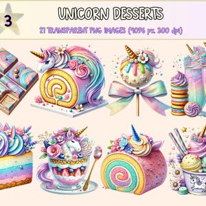 Unicorn Desserts (P3) Clipart - 21 PNG Whimsical Sweet Treat Graphics, Fantasy Cupcake Illustrations,Instant Digital Download,Commercial Use