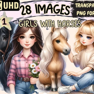 Girls with Horses Clipart - 28 PNG Adorable Girl and Horse Graphics, Equestrian Printables,Instant Digital Download,Unlimited Commercial Use