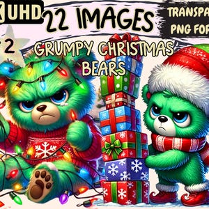 May include: Two green Christmas bears with grumpy expressions. One bear is tangled in Christmas lights and the other is holding a stack of wrapped presents. The text "4K UHD 22 IMAGES PART 2 GRUMPY CHRISTMAS BEARS TRANSPARENT PNG FORMAT" is at the top of the image.