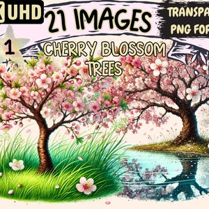 Cherry Blossom Trees Clipart - 21 PNG Sakura Tree Graphics, Spring Illustrations, Nature Printables, Instant Digital Download,Commercial Use