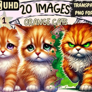 Orange Cats Clipart - 20 PNG Ginger Feline Illustrations, Adorable Cute Cat Art, Instant Digital Download, Unlimited Commercial Use Crafts