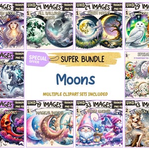 Moons SUPER BUNDLE - 19 Clipart Bundles Inside, Celestial Graphics, Lunar Night Images, Mega Promo Clipart, Digital Download, Commercial Use