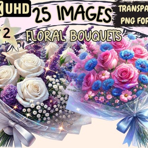 Floral Bouquets (P2) Clipart - 25 PNG Flower Arrangement Illustrations, Botanical Art, Instant Digital Download, Unlimited Commercial Use