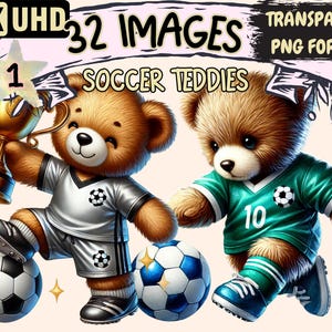 Soccer Teddies Clipart - 32 PNG Sports Bear Graphics, Teddy Soccer Printables, Instant Digital Download, Unlimited Commercial Use for Crafts