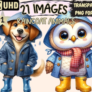 Raincoat Animals Clipart - 21 PNG Animal in the Rain Graphics, Cute Pet Printables, Instant Digital Download, Unlimited Commercial Use