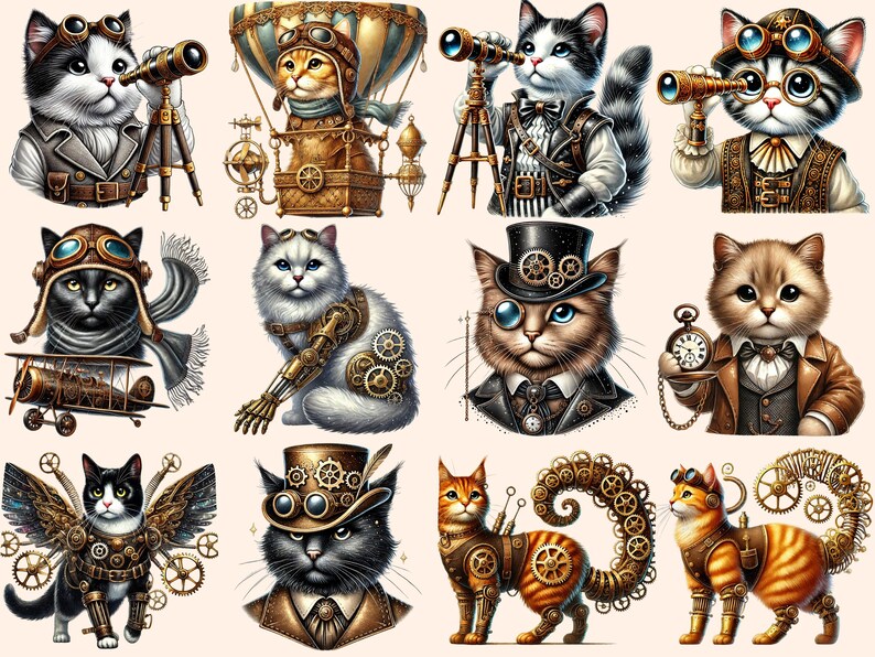 Steampunk Cats Clipart – 30 Feline PNG Illustrations (digital Download ...