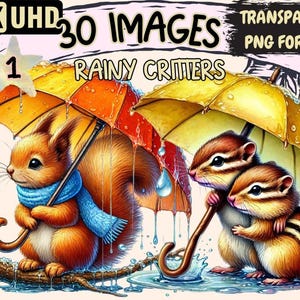 Rainy Day Animals Clipart – 30 PNG Illustrations (Digital Download)