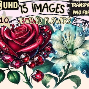 Jeweled Flowers (P10) Clipart - 15 PNG Elegant Gem Floral Illustrations, Decorative Art, Instant Digital Download, Unlimited Commercial Use