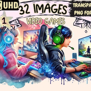 Video Games Clipart - 32 PNG Gaming-Themed Illustrations, Fun and Digital Gamer Art, Instant Digital Download, Unlimited Commercial Use