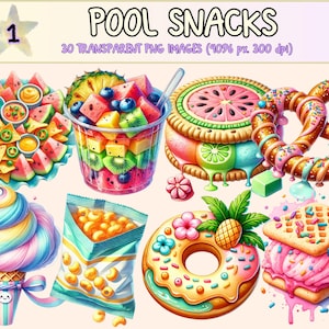 Pool Snacks Clipart - 30 PNG Summer Treat Graphics, Food Illustrations, Poolside Snack Printables, Instant Digital Download, Commercial Use