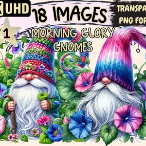 Morning Glory Gnomes Clipart - 18 PNG Whimsical Gnome Graphics, Floral Printables, Instant Digital Download, Unlimited Commercial Use Crafts