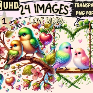 Love Birds Clipart - 24 PNG Adorable Bird Illustrations, Valentine's Day Romantic Art, Instant Digital Download, Unlimited Commercial Use