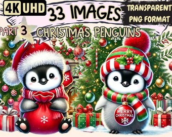 Christmas Penguin Clipart – Holiday PNG Illustrations (Digital Download)