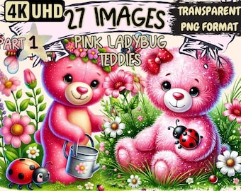 Pink Ladybug Teddy Bear Clipart – 27 PNG Illustrations (Digital Download)