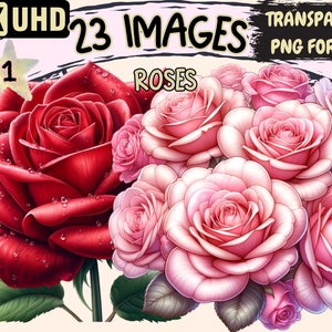 Roses Clipart - 23 PNG Beautiful Colorful Floral Graphics, Vibrant Pink Rose Printables, Instant Digital Download, Unlimited Commercial Use