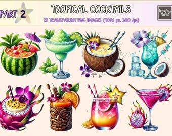 Tropical Cocktails Clipart – Exotic Summer Drinks, PNG Graphics (Digital Download)
