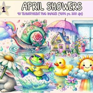 April Showers Clipart - 40 PNG Rainy Day Graphics, Cloudy Illustrations, Spring Weather Printables, Instant Digital Download, Commercial Use