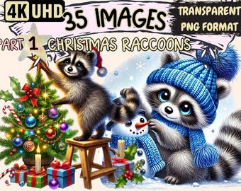 Christmas Raccoon Clipart – 35 Festive PNG Illustrations (Digital Download)