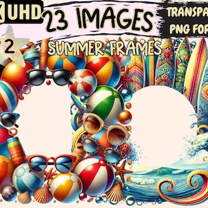Summer Frames (P2) Clipart - 23 PNG Tropical Frame Graphics, Sunny Border Printables, Instant Digital Download, Unlimited Commercial Use