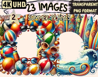 Tropical Summer Frame Clipart – Beach Ball PNG Graphics (Digital Download)
