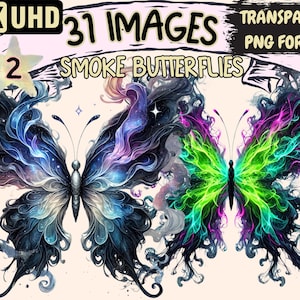 Smoke Butterflies (P2) Clipart - 31 PNG Ethereal Butterfly Illustrations, Colorful Art, Instant Digital Download, Unlimited Commercial Use