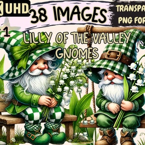 Lily of the Valley Gnomes Clipart - 38 PNG Whimsical Gnome Graphics, Floral Printables, Instant Digital Download, Unlimited Commercial Use
