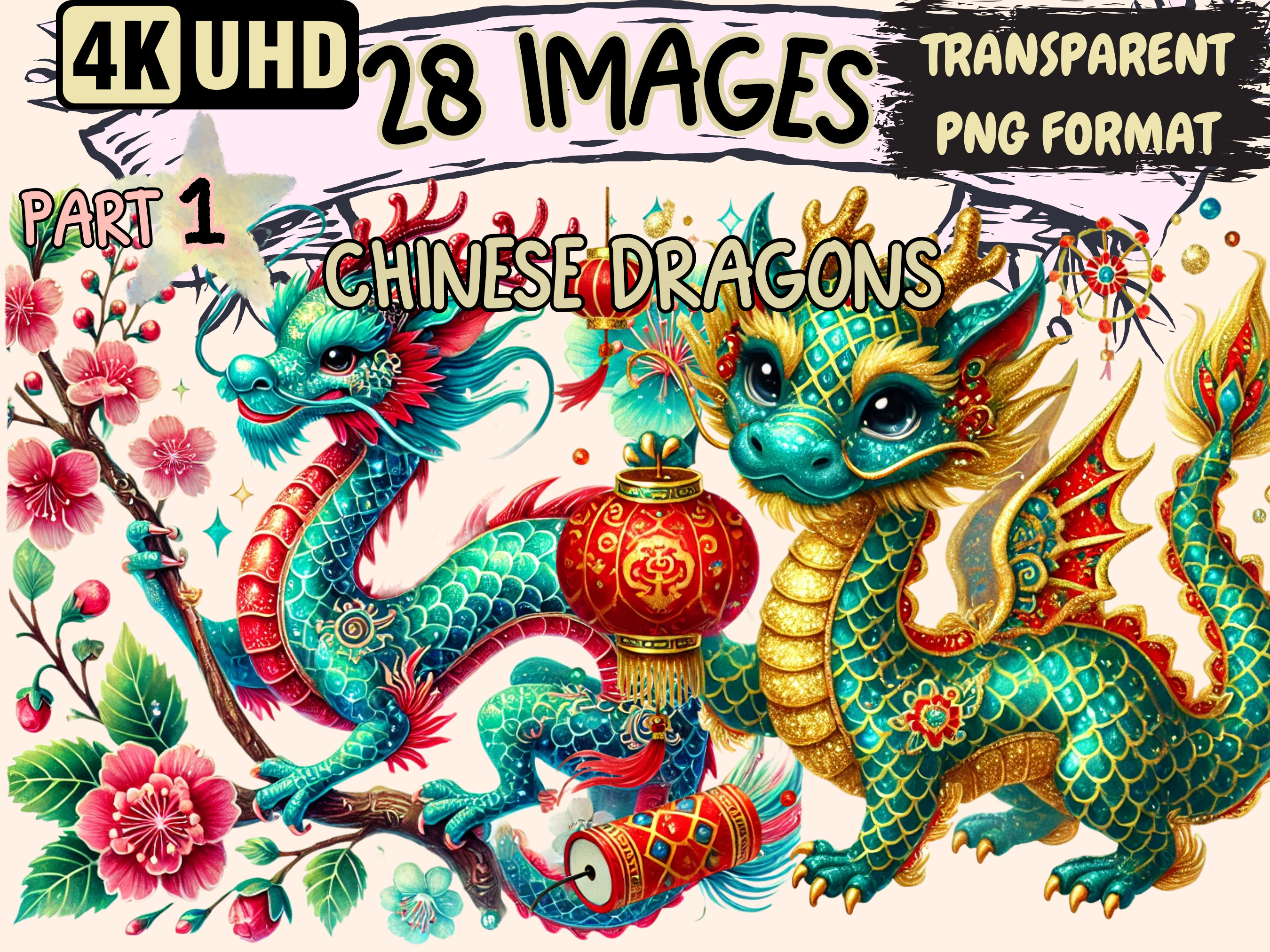 Chinese Dragons Clipart - 28 PNG Mythical Dragon Illustrations, Oriental Art, Instant Digital Download, Unlimited Commercial Use for Crafts