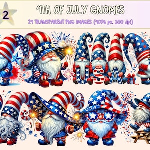 4th of July Gnomes (P2) Clipart - 24 PNG Patriotic Gnome Graphics, Red White Blue Illustrations, Instant Digital Download, Commercial Use
