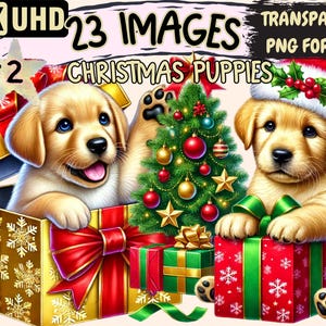 Christmas Puppies (P2) Clipart - 23 PNG Holiday Puppy Graphics, Festive Dog Printables, Instant Digital Download, Unlimited Commercial Use