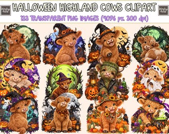 Op de afbeelding: Een digitale collectie van 133 transparante PNG-afbeeldingen getiteld HALLOWEEN HIGHLAND COWS CLIPART. De afbeeldingen tonen bruine Schotse Hooglanders in diverse Halloween-kostuums, zoals heksenhoeden en spooklakens, omringd door pompoenen en griezelige taferelen.