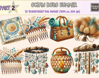 Ocean Boho Clipart - Summer Coastal PNG Graphics (Digital Download)