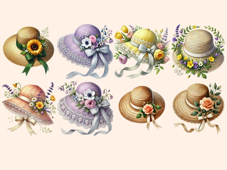 Floral Spring Hats Clipart – Fashion Bonnet PNG Graphics (digital ...