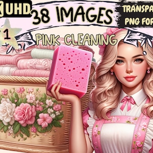 Pink Cleaning Clipart - 38 PNG Stylish Cleaning Graphics, Pink Printables, Instant Digital Download, Unlimited Commercial Use for Crafts