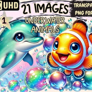 Underwater Animals Clipart - 21 PNG Marine Life Illustrations, Ocean Art, Instant Digital Download, Unlimited Commercial Use for Crafts