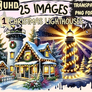 Christmas Lighthouses Clipart - 25 PNG X-Mas Lighthouse Illustrations, Coastal Holiday Art,Instant Digital Download,Unlimited Commercial Use