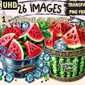 Watermelon Summer Clipart - 26 PNG Fruit-Themed Graphics, Summer Printables, Instant Digital Download, Unlimited Commercial Use for Crafts