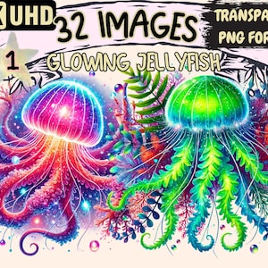 Glowing Jellyfish Clipart - 32 PNG Sea Graphics, Ocean Creature Illustrations, Underwater Printables,Instant Digital Download,Commercial Use
