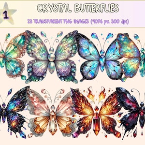 Crystal Butterflies Clipart - 23 PNG Gemstone Insect Graphics, Sparkling Butterfly Illustrations, Instant Digital Download, Commercial Use