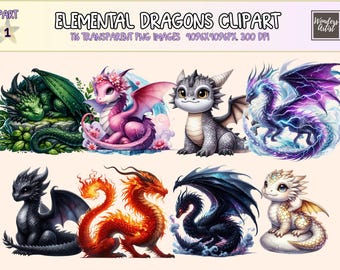 Elemental Dragons Clipart Bundle – 116 Fantasy PNG Graphics (Digital Download)