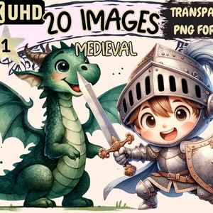 Medieval Clipart - 20 PNG Adorable Knight and Dragons Graphics, Cute Kingdom Printables, Instant Digital Download, Unlimited Commercial Use