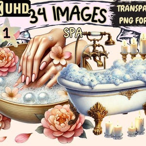 Spa Clipart - 34 illustrations de bien-être relaxantes au format PNG, art des soins personnels et de la beauté, téléchargement numérique instantané, utilisation commerciale illimitée