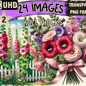Hollyhocks (P2) Clipart - 24 PNG Floral Graphics, Vintage Flower Printables, Instant Digital Download, Unlimited Commercial Use for Crafts