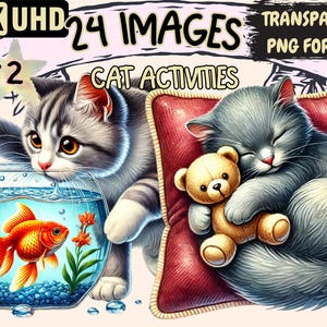 Cat Activities (P2) Clipart - 24 PNG Playful Cat Graphics, Fun Kitty Printables, Instant Digital Download, Unlimited Commercial Use Crafts