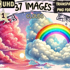 Clouds Clipart - 37 PNG Beautiful Sky Illustrations, Cloudy Rain Weather Art, Instant Digital Download, Unlimited Commercial Use for Crafts
