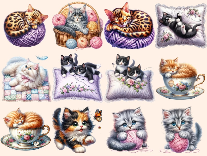 Kittens Clipart - 91 PNG Adorable Kitten Graphics, Cute Cat Printables, Instant Digital Download, Unlimited Commercial Use Crafts Designs image 8