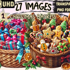 Christmas Baskets Clipart - 27 PNG Festive Gift Basket Illustrations, Holiday-Themed Art, Instant Digital Download, Unlimited Commercial Use