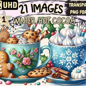 Winter Hot Cocoa Clipart - 21 PNG Cozy Hot Chocolate Graphics, Festive Printables, Instant Digital Download, Unlimited Commercial Use Crafts