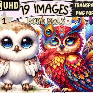 Boho Owls Clipart - 19 PNG Whimsical Owl Graphics, Bohemian Printables, Instant Digital Download, Unlimited Commercial Use Crafts & Designs