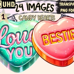 Candy Hearts Clipart - 24 PNG Sweet Heart-Shaped Candy Illustrations, Valentine’s Day Art, Instant Digital Download,Unlimited Commercial Use